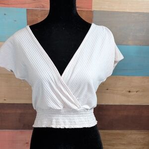 Paper Crane Ribbed Wrap Crop Top in Light Beige